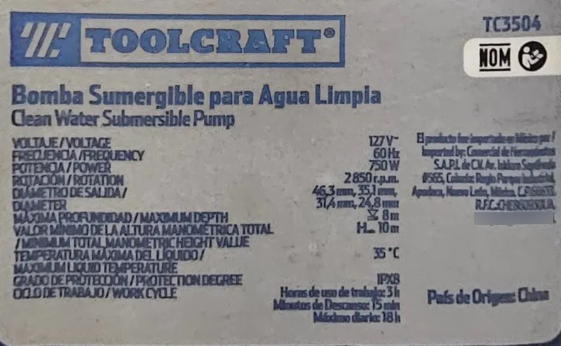 Bomba Sumergible 3/4hp Monofasica Marca Toolcraft Azul (Usado) - Image 4