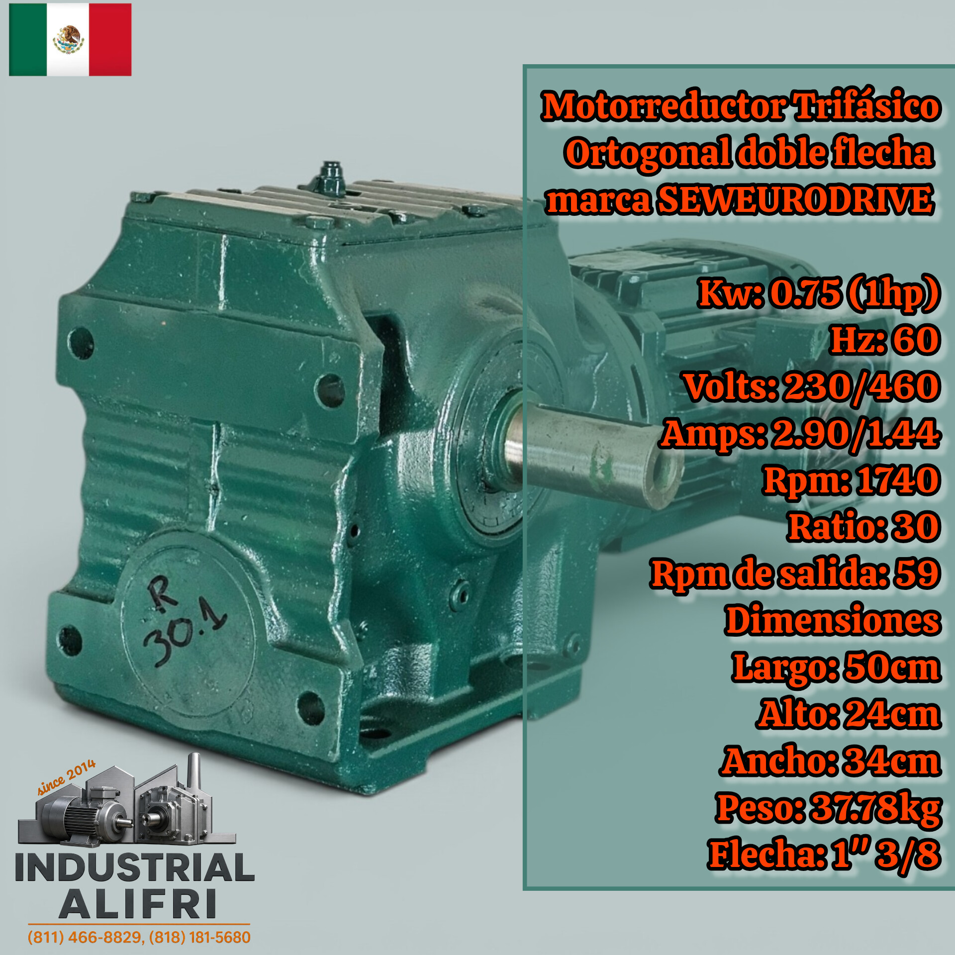 Motorreductor 0.75kw Trifásico Ortogonal doble flecha ratio: 30.1 marca SEWEURODRIVE