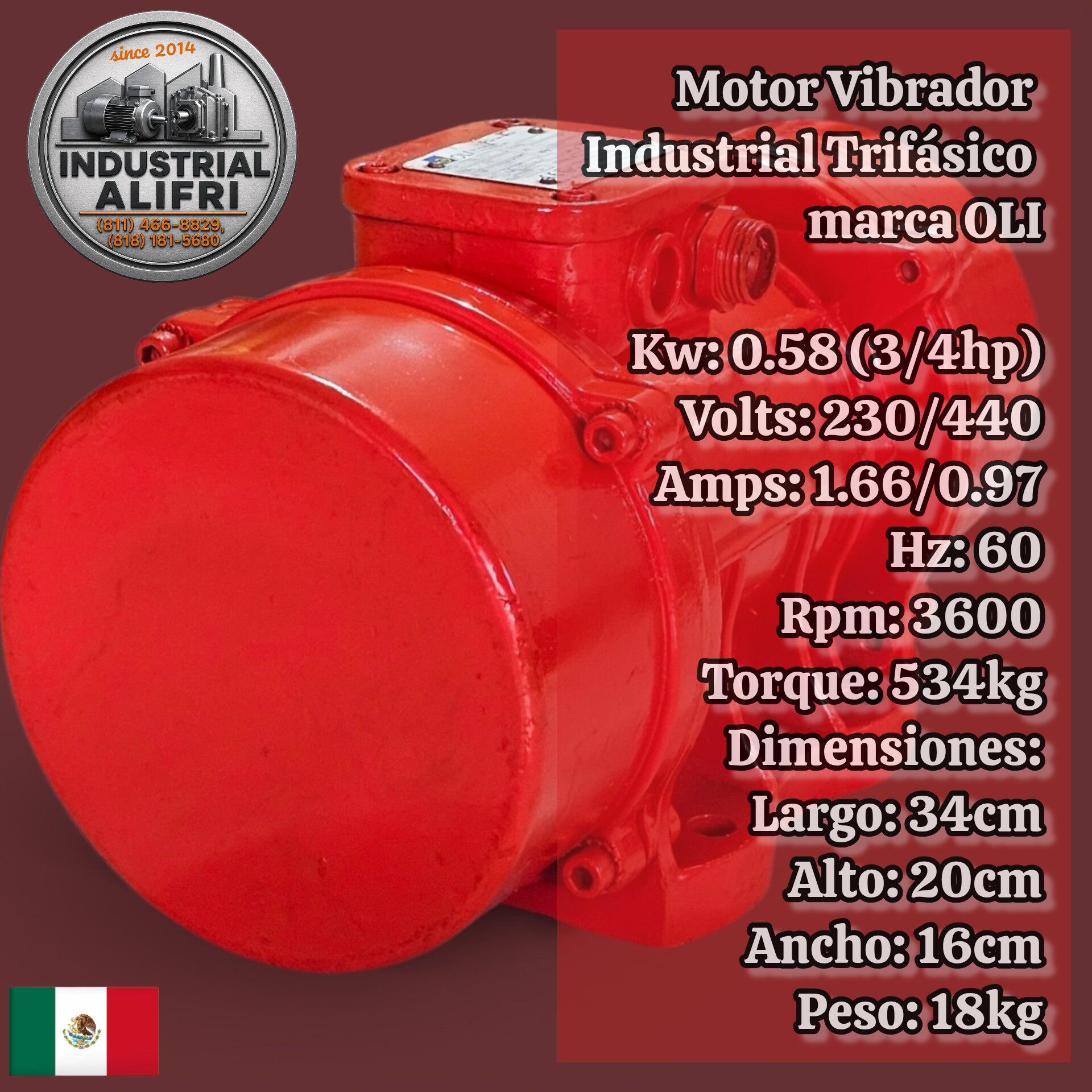 Motor Vibrador Industrial 0.58kw Trifásico 3600rpm marca OLI