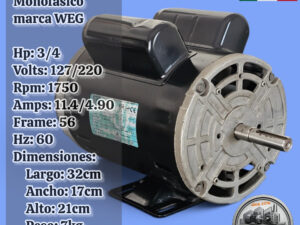 Motor Eléctrico 3/4hp Monofasico 1750rpm marca WEG