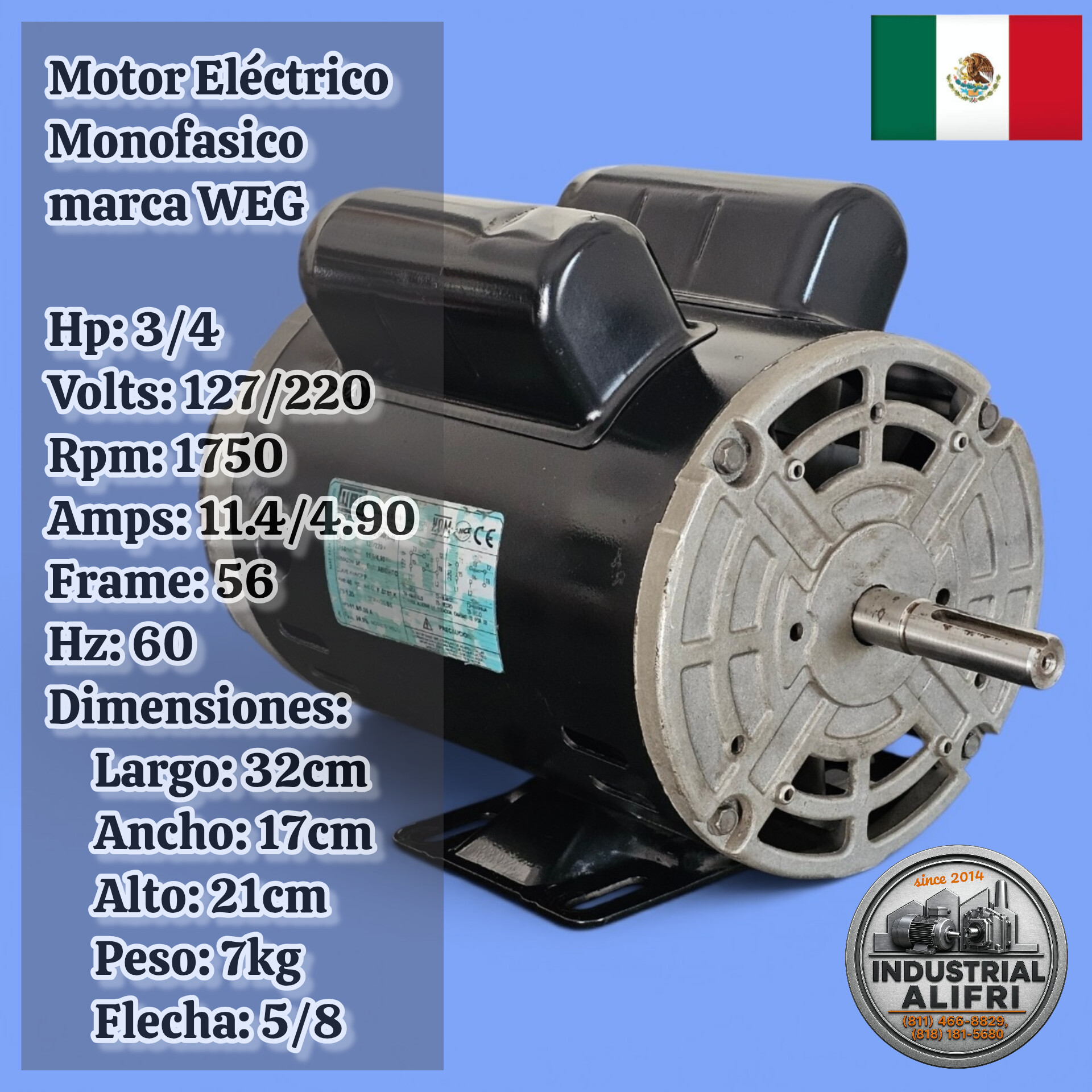 Motor Eléctrico 3/4hp Monofasico 1750rpm marca WEG