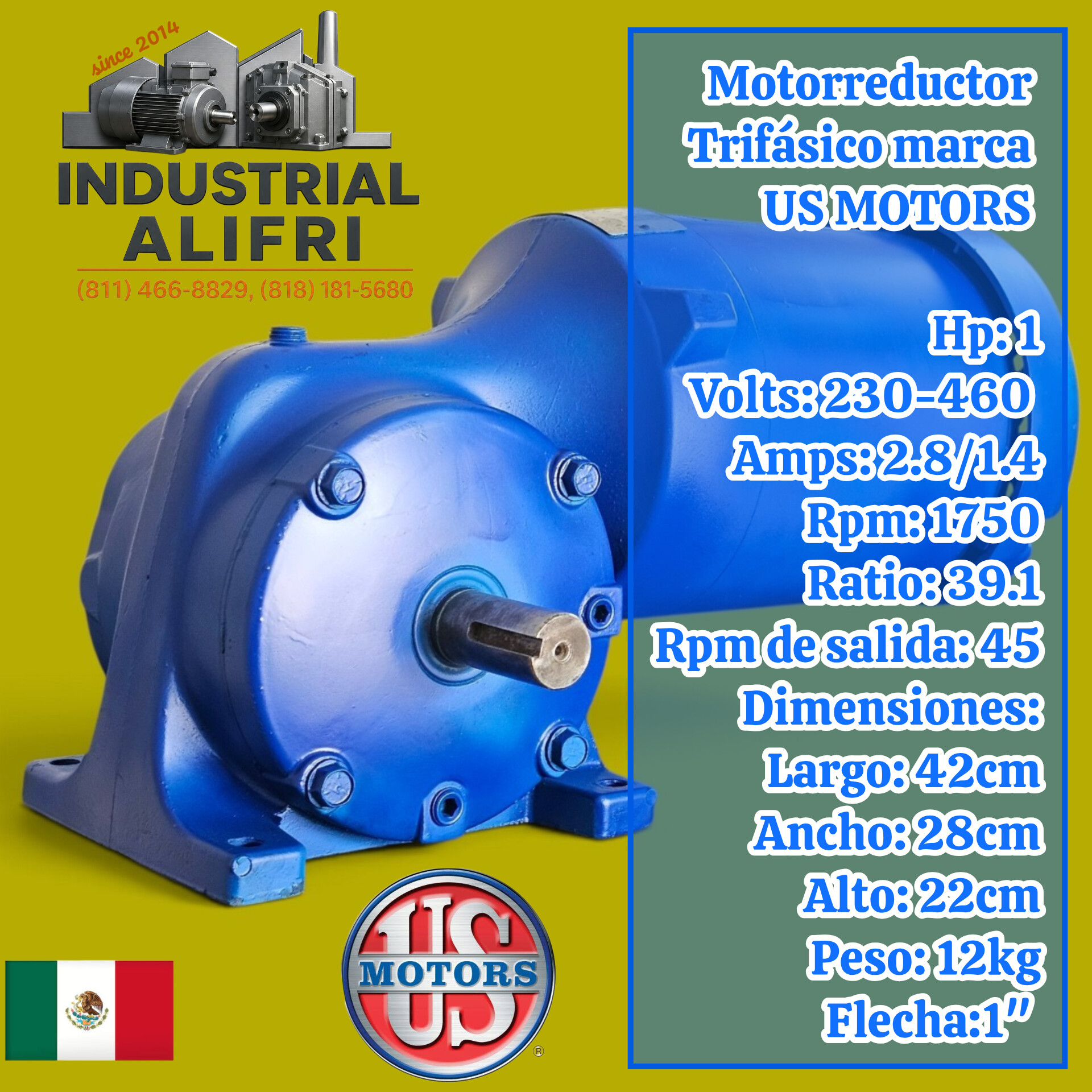 Motorreductor 1hp Trifásico Ratio: 39.1 marca US MOTORS