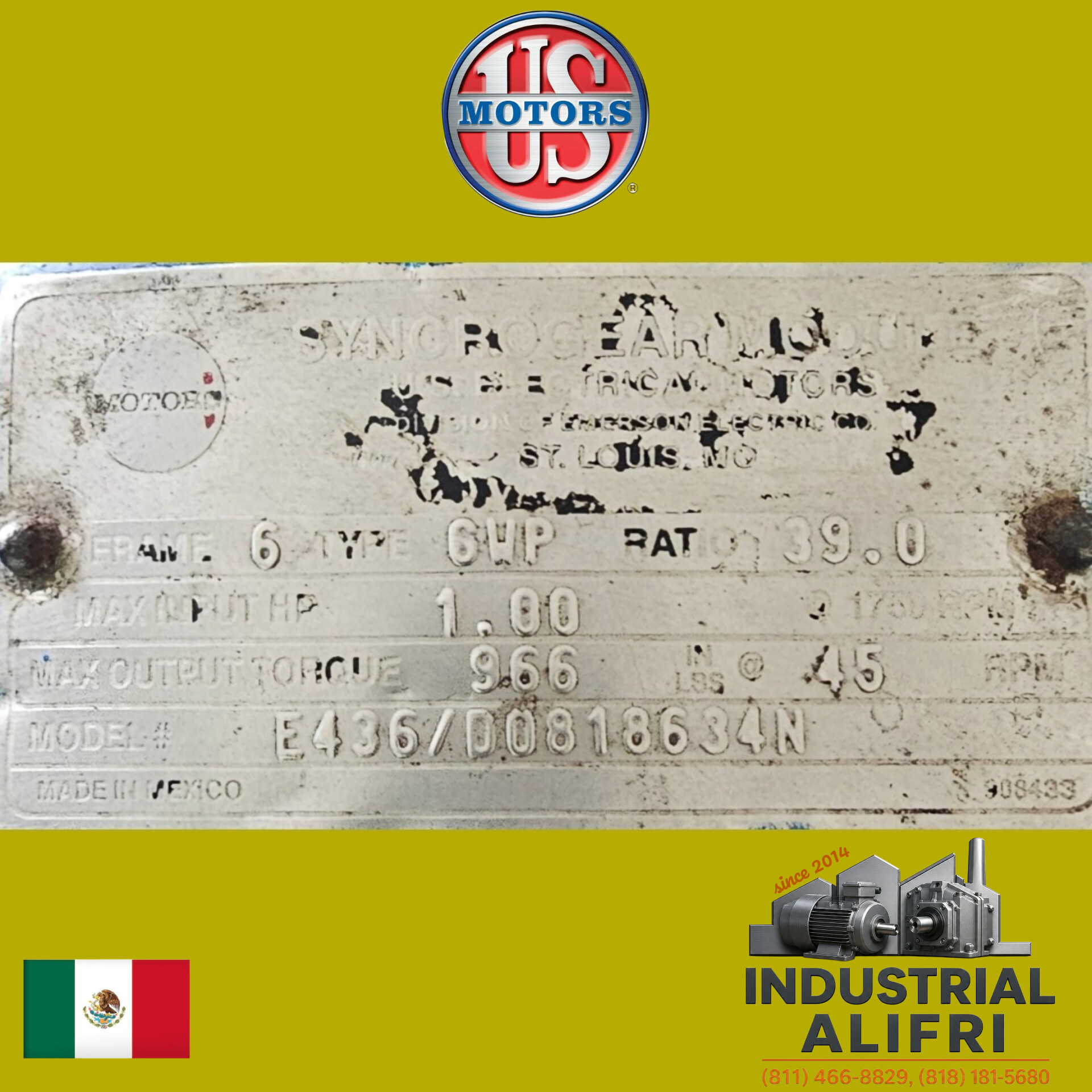 Motorreductor 1hp Trifásico Ratio: 39.1 marca US MOTORS - Imagen 6